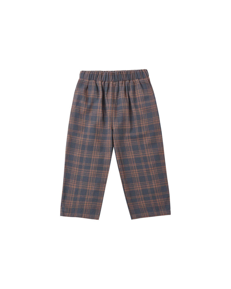 Palmer pant in midnight plaid by rylee + cru, featuring a baggy fit and elastic waistband in a brown midnight plaid pattern, shown on a white background.