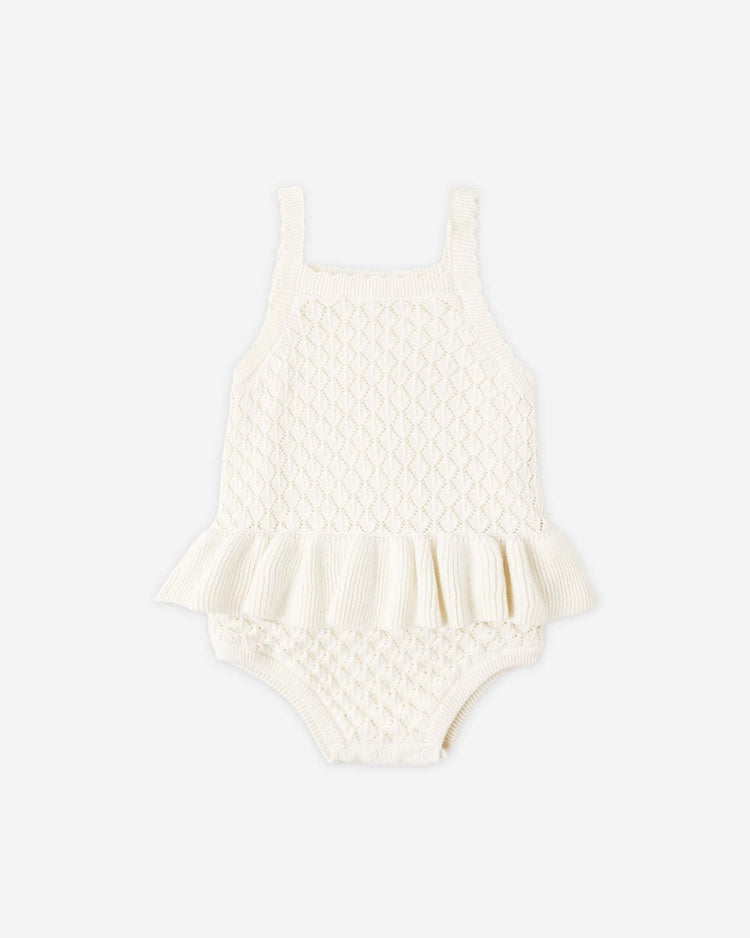 rylee + cru crochet ruffle romper in natural baby Little