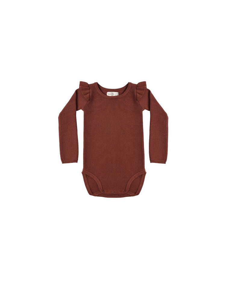 shoulder ruffle bodysuit in brick