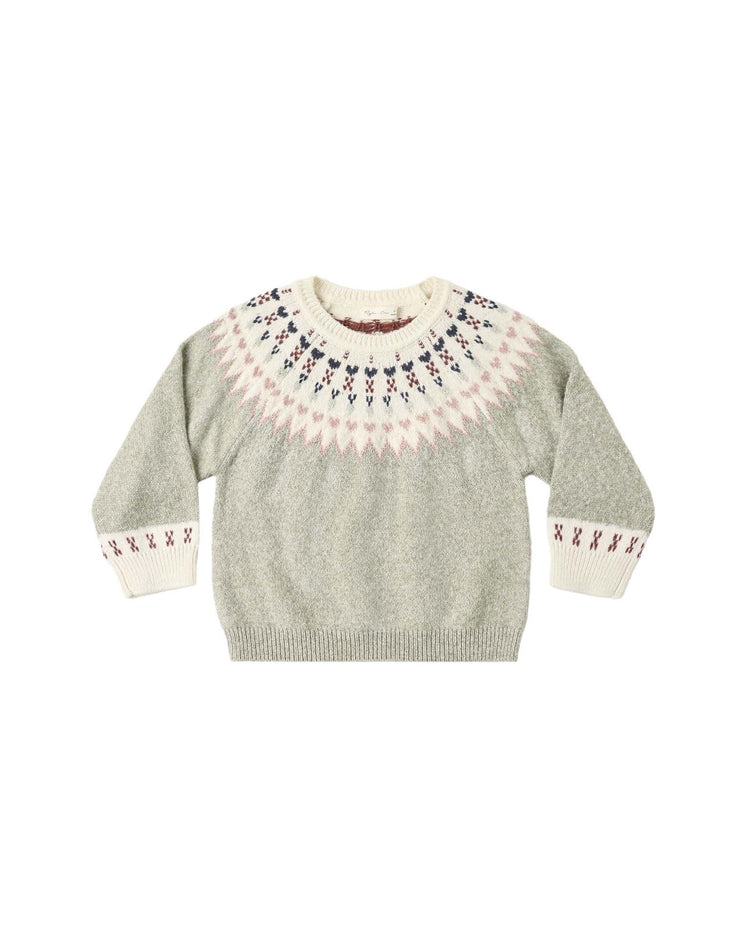 A light sage knit Fair Isle sweater by rylee + cru, featuring a cream collar and cuffs with pink and navy geometric patterns around the neckline and on the cuffs.