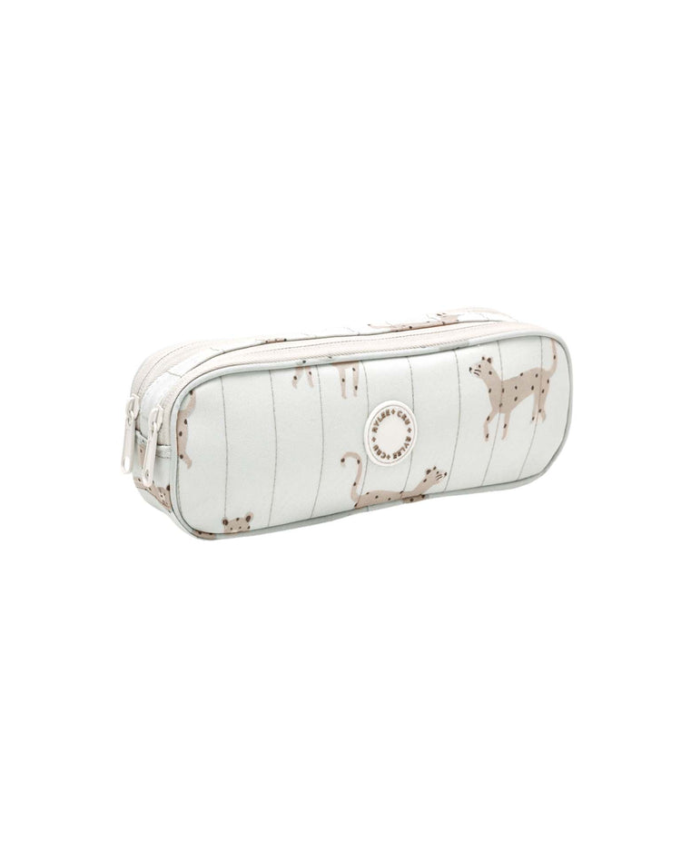 A white rectangular pencil pouch by rylee + cru, crafted from durable polyester with a zip closure, featuring leopard illustrations and thin vertical gray stripes—perfect for storing your school essentials.