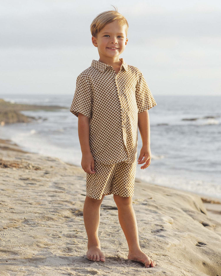 rylee + cru collared short sleeve shirt in ocre check kids Little