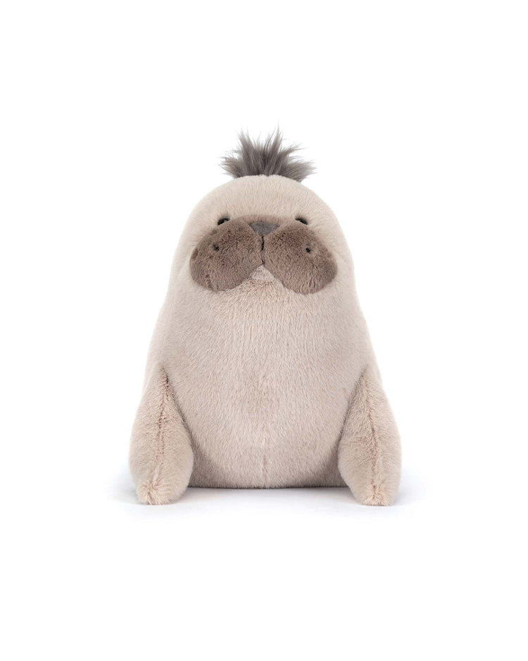 The Jellycat Roarwell Sea Lion is a plush toy with a light brown, round body, small flippers, dark brown snout, and gray fur tuft on its head—an adorable stuffed animal for sea life lovers.