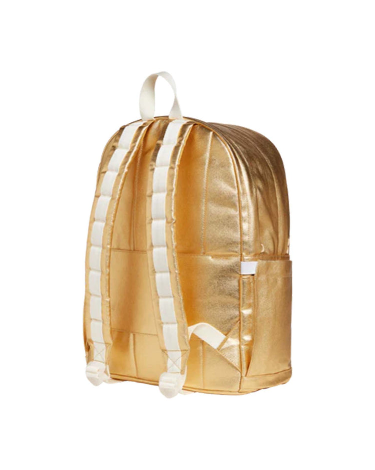 A Kane Large Double Pocket Backpack in gold from State Bags, featuring white adjustable shoulder straps and side pockets, is shown from the back against a white background—the perfect school backpack for stylish organization.