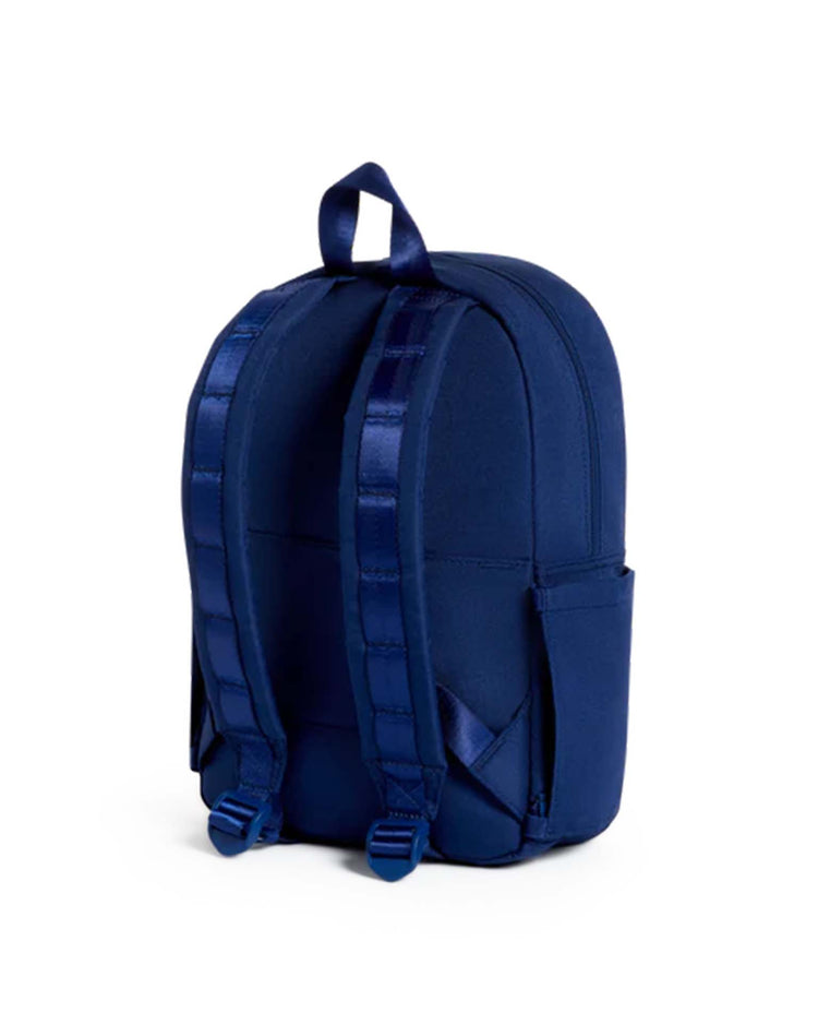 A STATE Bags Kane Mini Backpack in navy, displayed from the back, features two padded shoulder straps, a top handle, and side pockets against a plain white background.