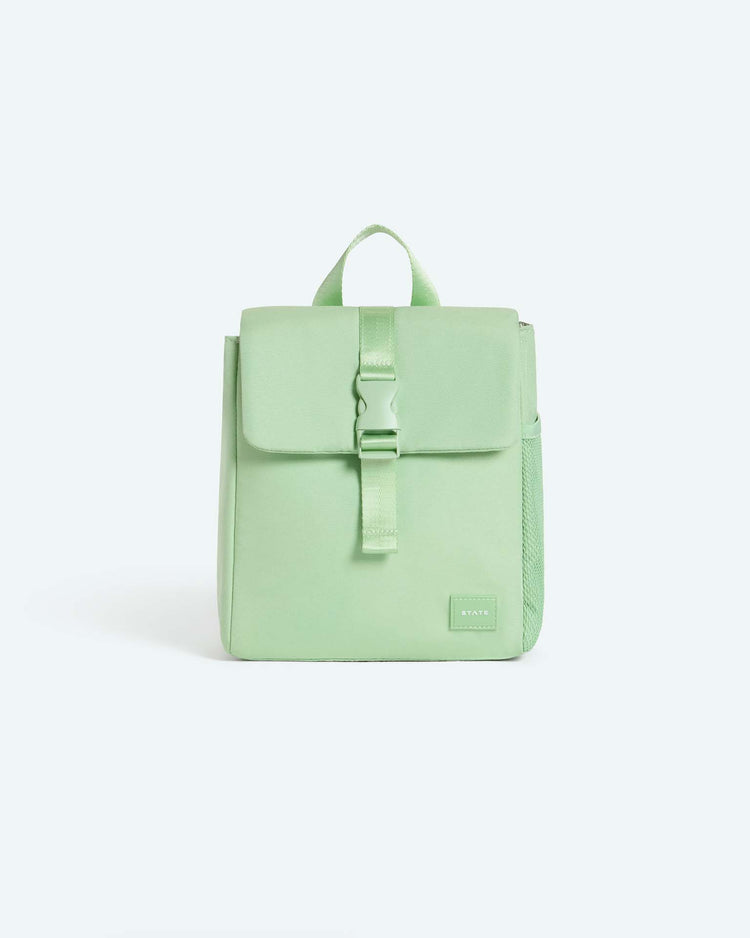 The richmond lunch sack in green from state bags—featuring a top flap, front buckle closure, side pocket, and a convenient handle—is displayed against a plain white background and pairs perfectly with your backpack.