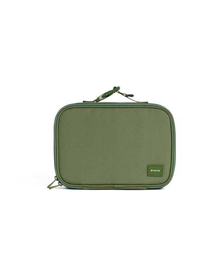An olive rectangular insulated Rodgers lunch box from State Bags, featuring a zipper closure, a small top handle, and a subtle label on the lower right corner—shown against a plain white background—makes the perfect classic and practical go-to choice for carrying your meals.