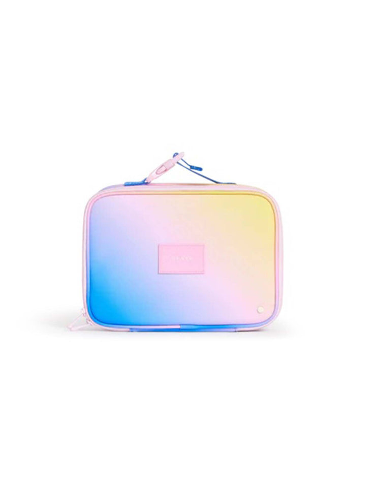 The state bags rodgers lunch box in a blue, pink, and yellow gradient features a rectangular shape with a handle and front label, displayed on a plain white background.