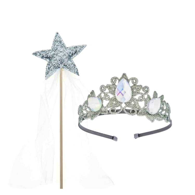 Little Bailey and Ava Raven Princess Crown and Wand Set in Silver + Ivory