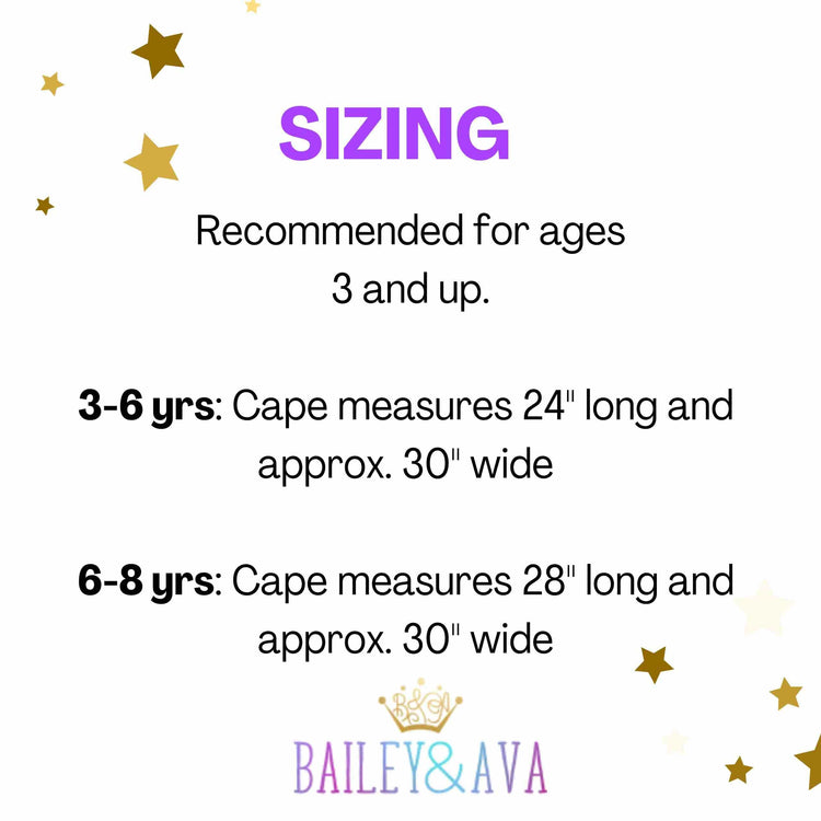 The Spellbound Witch Costume Set in Black by Bailey and Ava features glitter star capes: 24" x 30" for ages 3-6 and 28" x 30" for ages 6-8, adding a magical touch to your witch costume. Suitable for ages 3 and up.