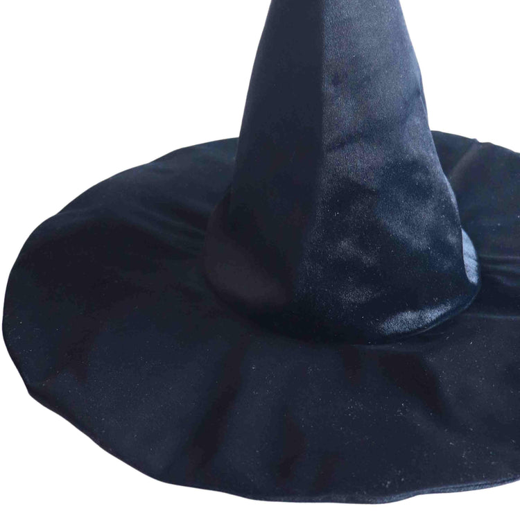 The Spellbound Witch Costume Set in Black by Bailey and Ava includes a black velvet witch hat featuring a tall, pointed crown and wide brim, perfect for completing any witch ensemble.