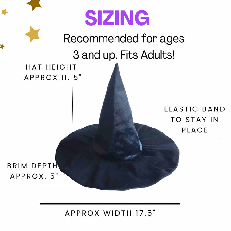 The Bailey and Ava Kids Velvet Witch Hat - Black features a wide brim, pointed top, and elastic band. Size: 11.5 tall, 5 brim depth, 17.5 width. Great for kids or adults; fits ages 3+.