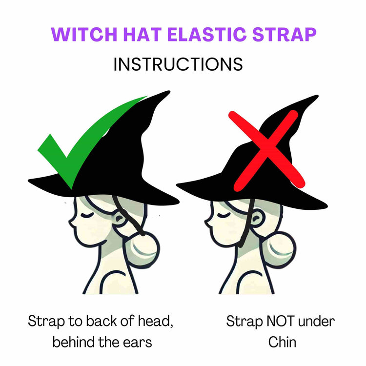 Diagram showing correct and incorrect placement of the KIds Velvet Witch Hat - Black by Bailey and Ava: strap should go behind the ears and head, not under the chin. Pairs perfectly with a star wand or classic velvet witch hat for a magical touch.