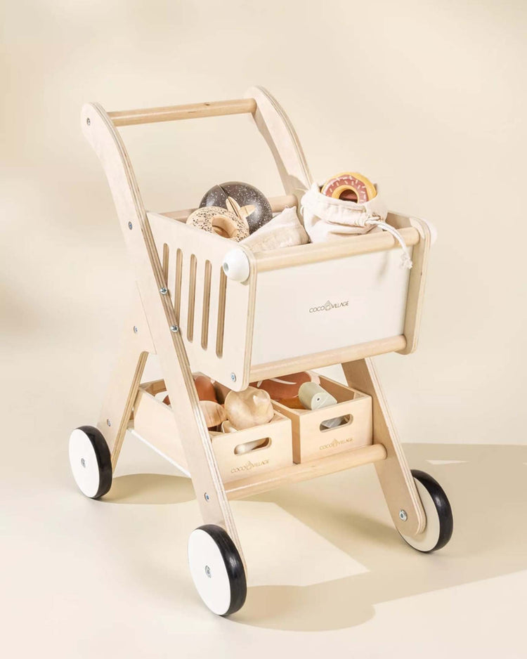Little coco village play wooden shopping cart in natural + white