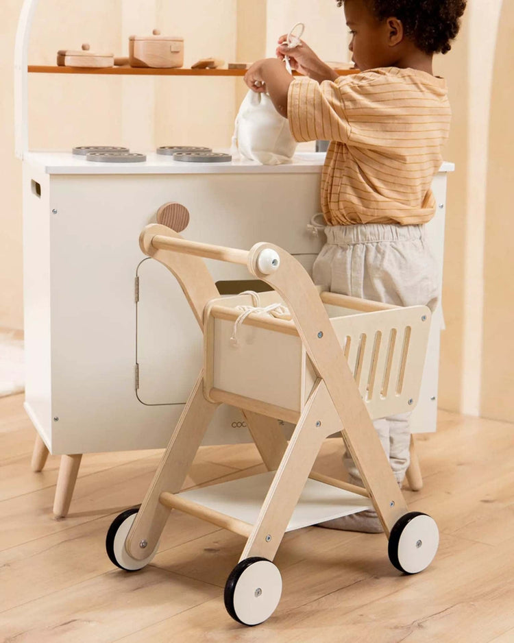Little coco village play wooden shopping cart in natural + white