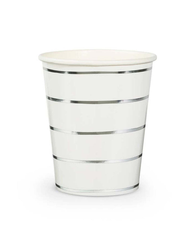 Silver Frenchie striped cups by Daydream Society featuring delicate silver Breton stripes on a white paper background.