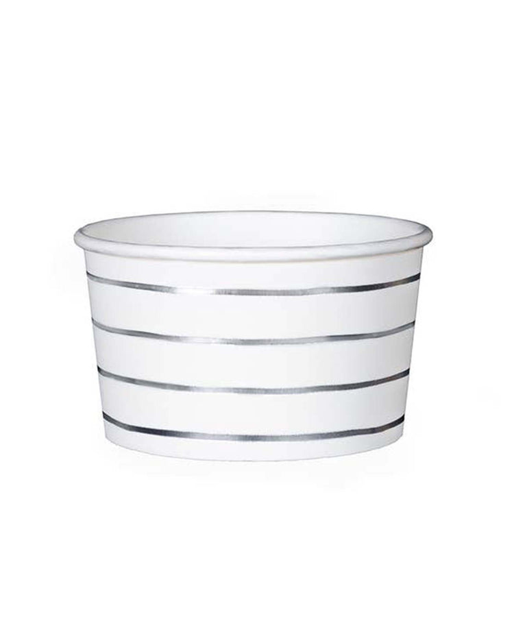 A white silver frenchie striped treat cup by daydream society, adorned with horizontal silver stripes reminiscent of the classic French Breton stripe.