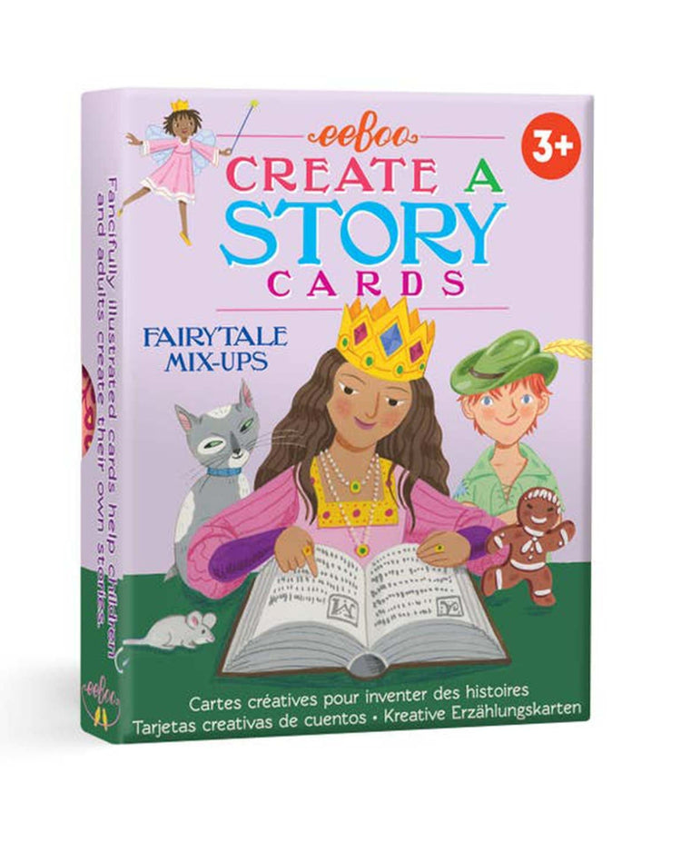 Box of "fairytale mix-ups create a story" by eeboo, recommended for ages 3 and up. Features illustrations of a princess, a masked cat, and a child in a green outfit. Encourage critical thinking skills as kids mix and match fairy tale characters for endless storytelling fun.