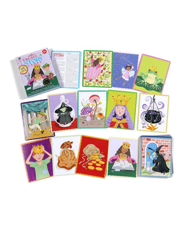 A set of "fairytale mix-ups create a story" by eeboo featuring colorful cards with various fairy tale characters and scenes, such as kings, queens, witches, magical creatures, and a magic potion all displayed on a white background.