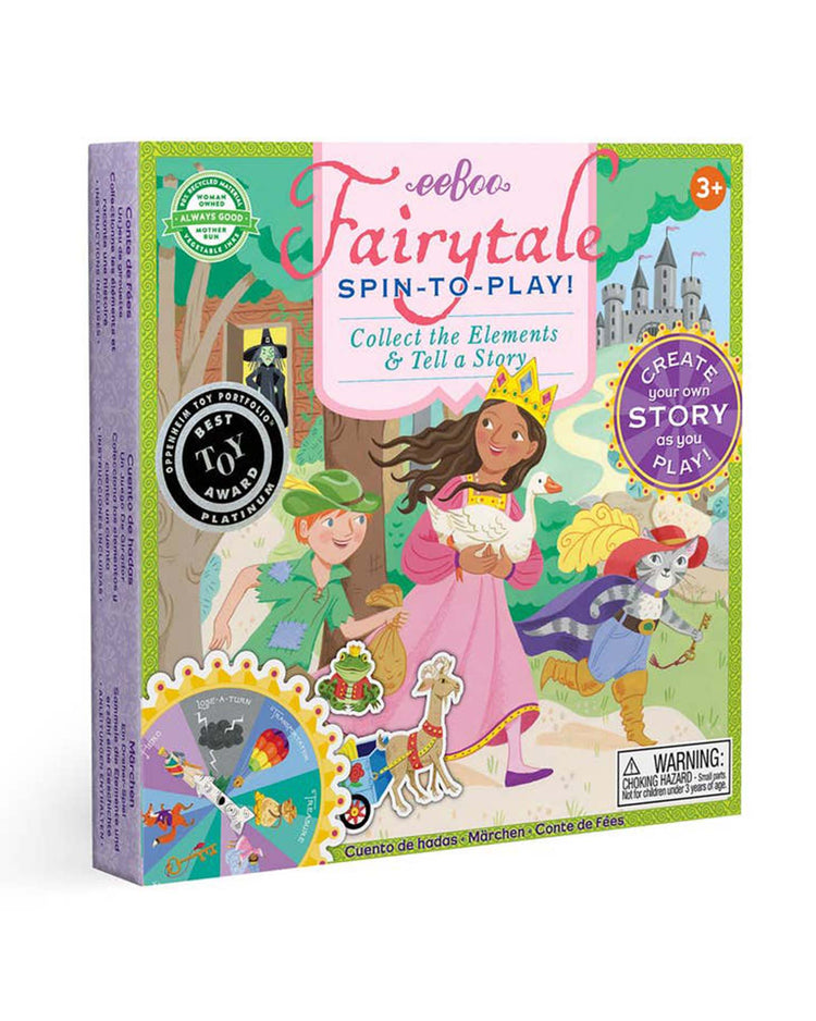 Introducing the fairytale spinner game by eeboo, a children's game featuring colorful illustrations of fairytale characters. This imaginative storytelling game encourages kids aged 5 and up to create their own magical tales during play.