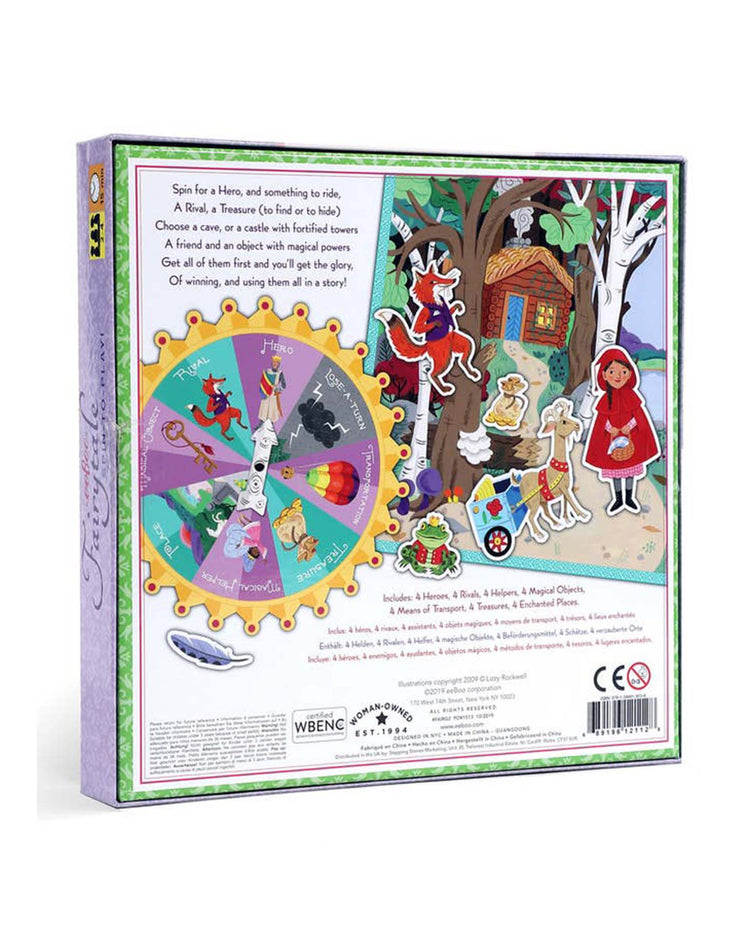 Back cover of the fairytale spinner game box from eeboo, showcasing a colorful spinning wheel, enchanting characters, and game components. Features captivating images of Little Red Riding Hood, a majestic castle, the cunning wolf, and various vibrant game pieces. Perfect for imaginative storytelling and ages 5 and up!