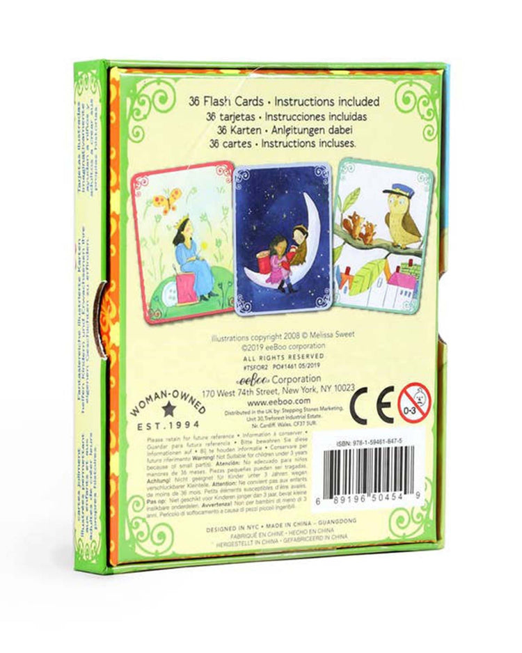The image depicts the back of a colorful box titled "Mystery in the Forest Create a Story" by eeboo, containing 36 illustrated flash cards. Intrigue and suspense grow as users realize the box offers instructions in English, Spanish, and German, with artwork attributed to Melissa Sweet.