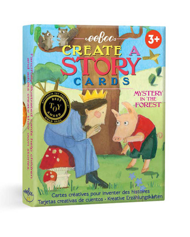 Box of "mystery in the forest create a story" by eeboo, featuring illustrations of a crowned character and a pig. Suitable for ages 3+ and proudly displaying a Tillywig Toy Awards gold seal. Perfect for weaving tales with recurring characters and linking the cards to build intrigue and suspense.