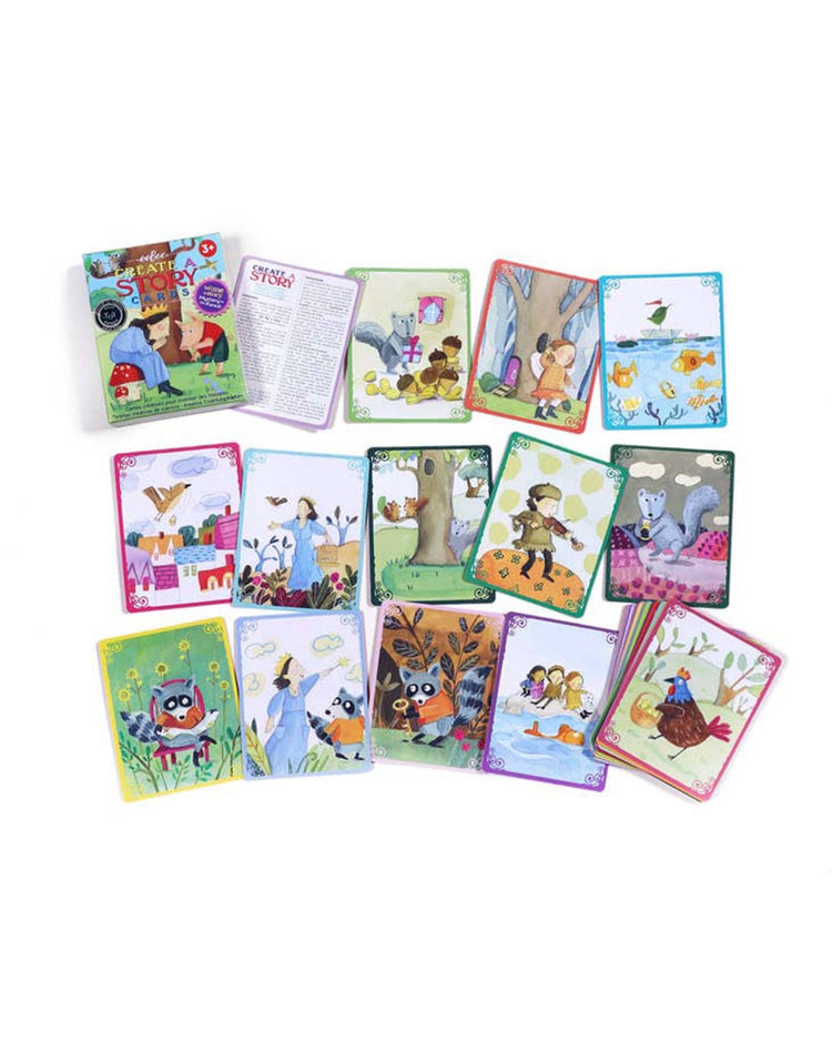 A spread of colorful storytelling cards titled "Mystery in the Forest Create a Story" by eeboo showcases various illustrated scenes with animals and fairytale characters, some featuring recurring characters to add intrigue and suspense. A booklet titled "Tell Me a Story" is shown in the top left corner.