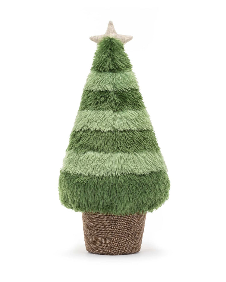 The Amuseable Nordic Spruce Christmas Tree Large by Jellycat features varying shades of green, a beige star on top, and a brown base nestled in a linen-effect pot.