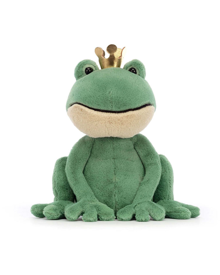 A green Fabian Frog Prince, under the Jellycat brand, wears a small gold crown as it sits against a white background, making the perfect stuffed animal toy for babies.