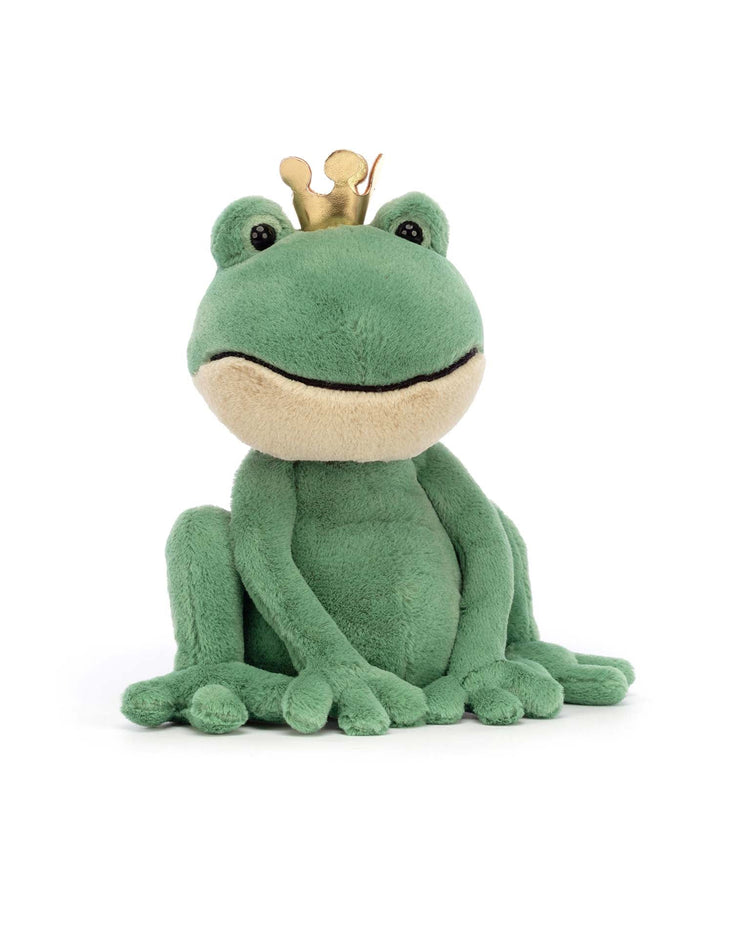 A Fabian Frog Prince plush toy, crafted by Jellycat and adorned with a small gold crown, sits upright against a white background—a perfect stuffed animal for babies.