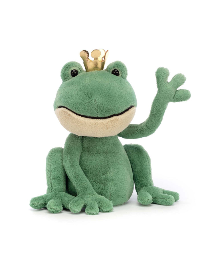 A plush Fabian Frog Prince by Jellycat, wearing a gold crown, waves with one hand raised.