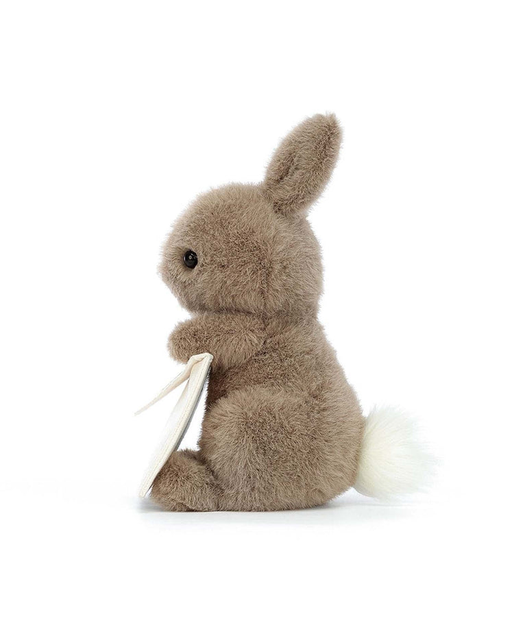 Jellycat's Messenger Bunny, a plush brown bunny stuffed animal, sits upright with a white book in its paws, ready to convey a personal message.