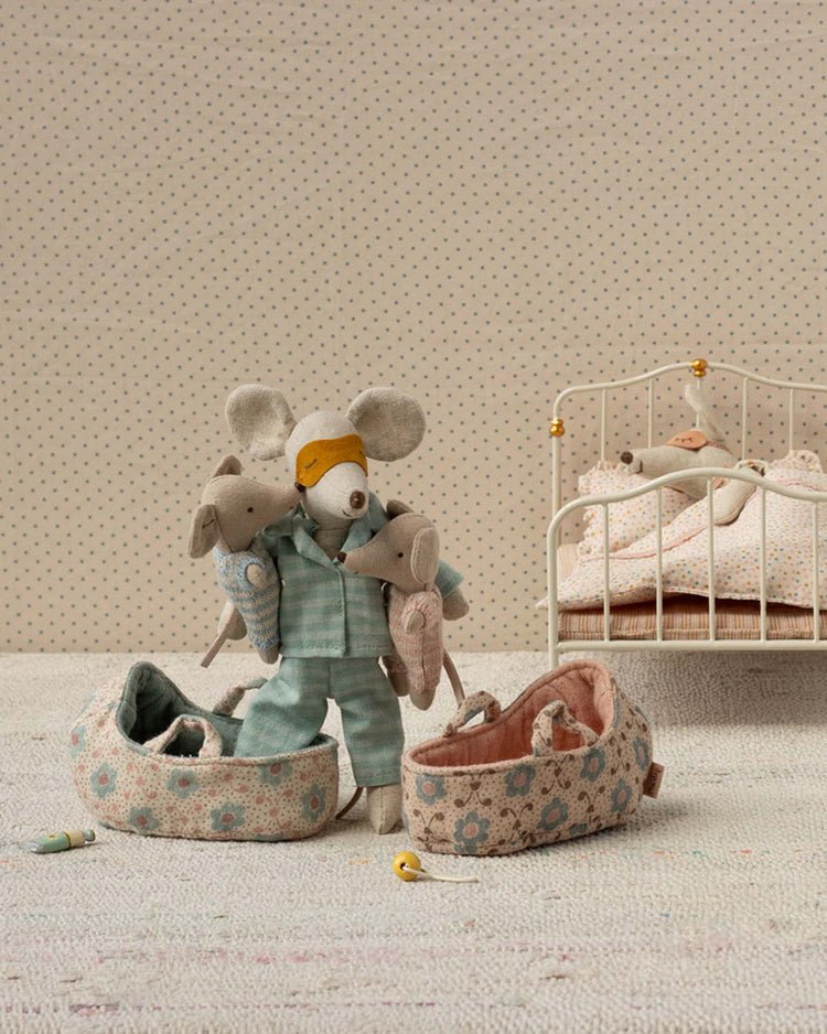 maileg baby mouse in carry cot - blue play Little