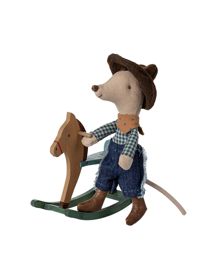 Little maileg play cowboy mouse on rocking horse, little brother