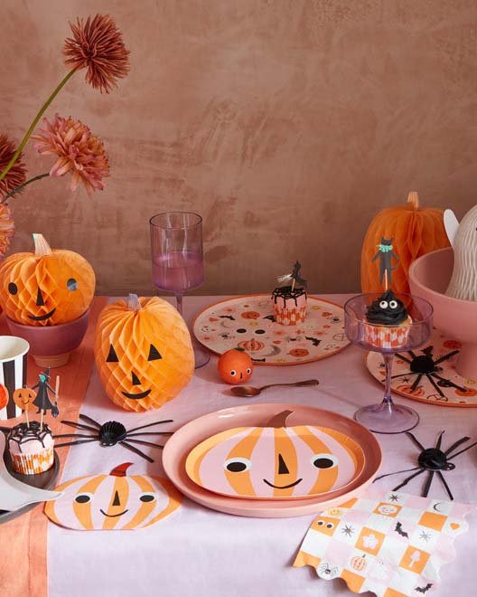meri meri pink & orange stripy pumpkin plates party Little