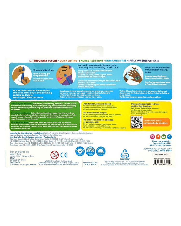 The backside of the colorful "body doodlers face & body crayons set of 12" packaging by ooly showcases instructions, safety information, ingredients, and an array of vibrant color options. Highlighted features include non-toxic crayons ideal for temporary face and body art. Various certification icons are displayed at the bottom.