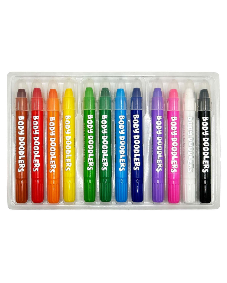 The Ooly Body Doodlers Face & Body Crayons set of 12 includes a variety of non-toxic colors neatly arranged in a plastic tray, ideal for creating temporary body art.