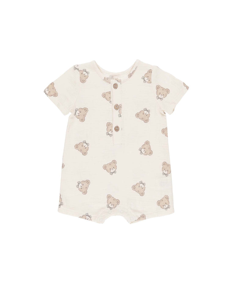 Little quincy mae baby short sleeve woven romper in teddy