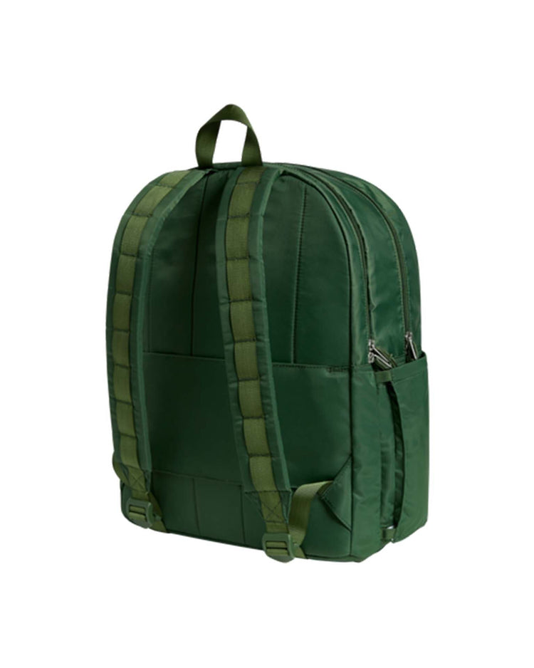 The STATE Bags Kane Kids Large Double Pocket Backpack in Olive Chevron features padded adjustable straps, a top handle, two side pockets, and dual zipper closures, all shown against a white background.