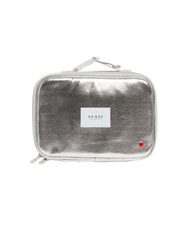 The Rodgers Lunch Box in silver by STATE Bags features a zipper, handle, insulated main compartment, and a white STATE label on the front—perfect for keeping meals fresh.