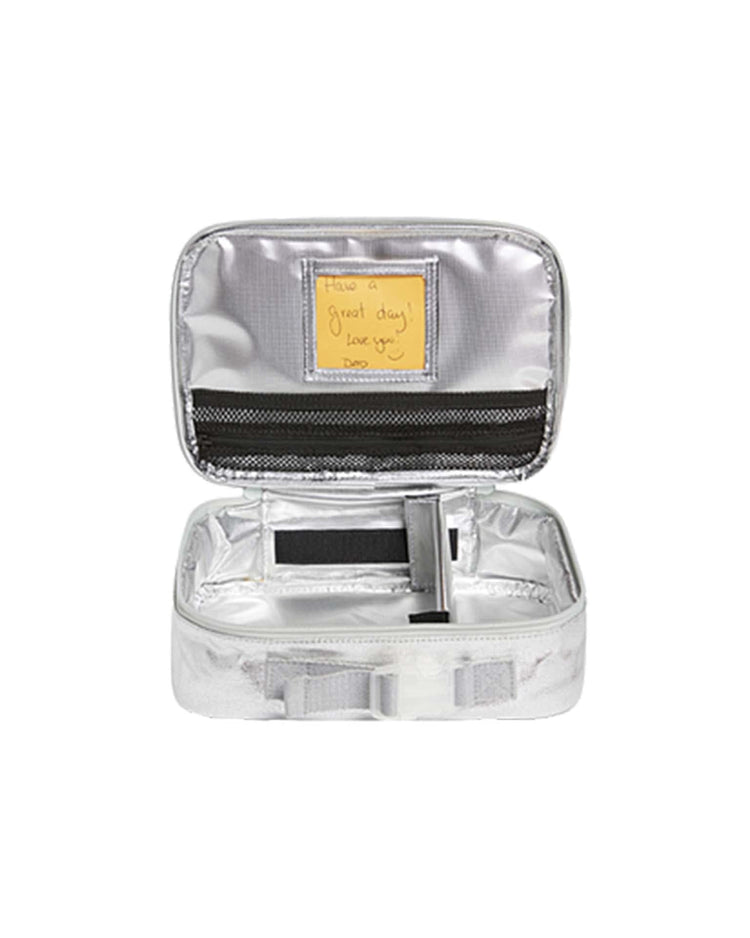 Open the state bags Rodgers lunch box in silver - old sku and find an insulated main compartment plus a small handwritten note inside the lid: Have a great day! Love you! Dad.