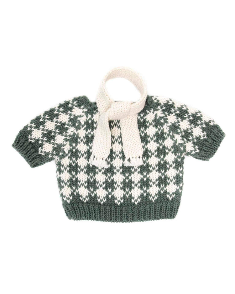 Little tun tun play bear check sweater + scarf in green