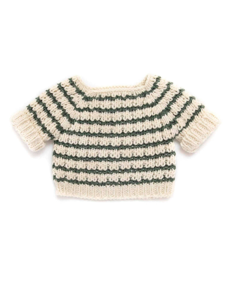 Introducing the tun tun "bear with striped sweater in natural + green," a luxurious knitted baby garment made from exquisite Peruvian Pima cotton. This charming piece features short sleeves and elegant green and white horizontal stripes set against a pristine white background.