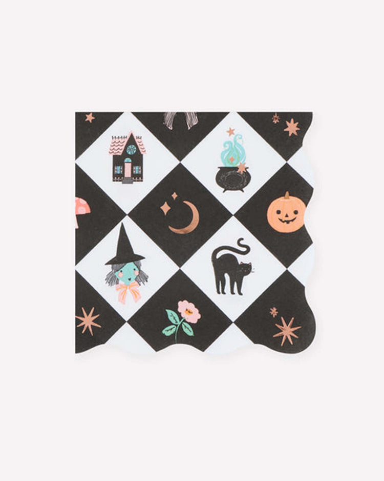 The patchwork halloween small napkins by Meri Meri feature a black and white checkered pattern decorated with festive icons such as a haunted house, witch, cauldron, pumpkin, black cat, crescent moon, stars, flower, and mushroom. With their wavy edges, these napkins add a charming touch to your spooky celebrations.