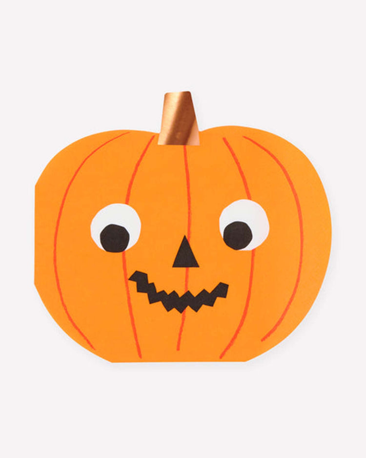 Add a festive touch to your table with a paper craft pumpkin featuring a smiling face, large white eyes, a black zigzag mouth, and a brown stem on top—perfect for Halloween parties and especially charming when paired with meri meri halloween pumpkin napkins.