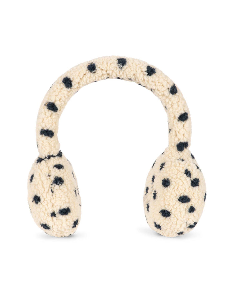 Jody teddy earmuffs in dot lumiere by konges sløjd, featuring a cream-colored, fuzzy texture with black polka dots on the adjustable headband and ear covers, displayed against a white background.