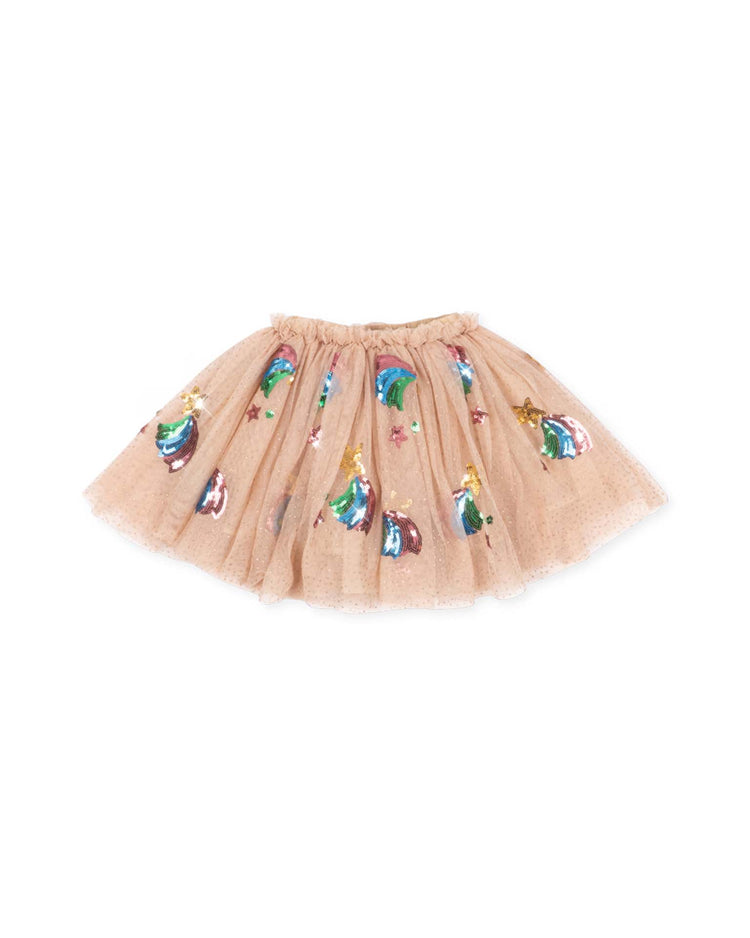 The yvonne skirt in rainbow star by konges sløjd features light pink tulle adorned with colorful sequin rainbow stars, clouds, and rainbows, shown against a white background.