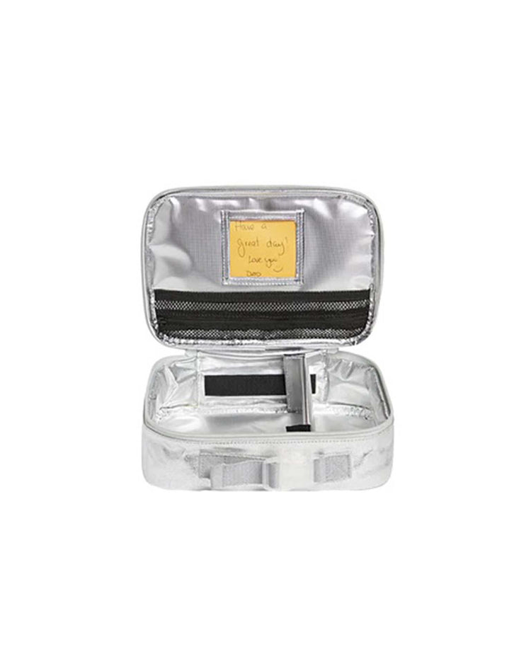 A rodgers lunch box in happy fuzzy hearts from State Bags—with a mesh pocket and a handwritten note inside that reads, Have a great day! Love you! Dad. This stylish insulated lunch box keeps meals fresh and adds a personal touch to every school day.
