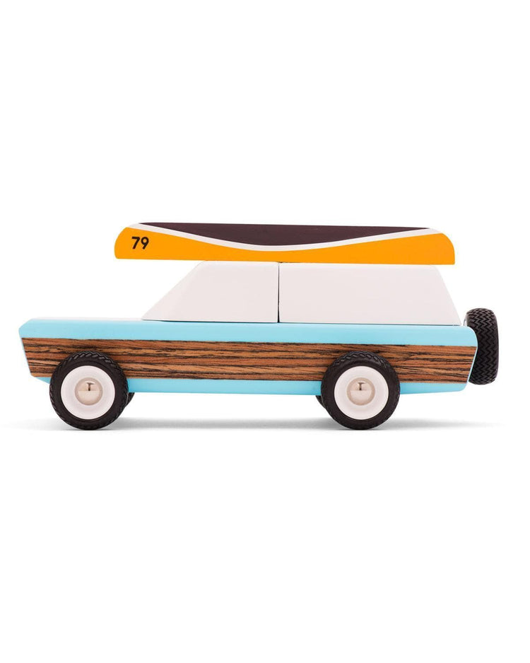 Candylab's Pioneer Classic toy car with a magnetic canoe on top against a white background.